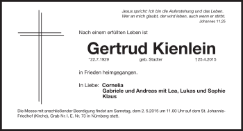 Traueranzeige von Gertrud Kienlein von Pegnitz-Zeitung