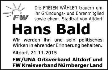 Traueranzeige von Hans Bald von Der Bote