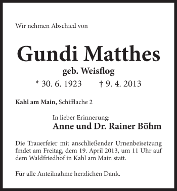 Traueranzeige von Gundi Matthes von Der Bote