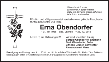 Traueranzeige von Erna Obendorfer von Der Bote