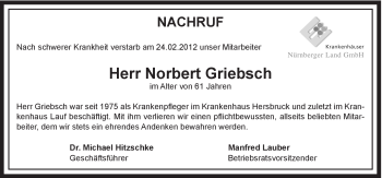 Traueranzeige von Norbert Griebsch von Hersbrucker Zeitung