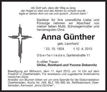 Traueranzeige von Anna Günther von Der Bote