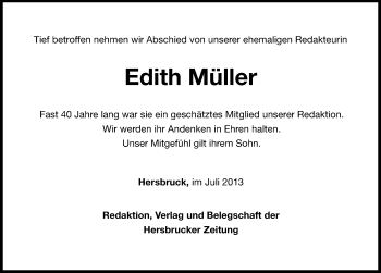 Traueranzeige von Edith Müller von Hersbrucker Zeitung