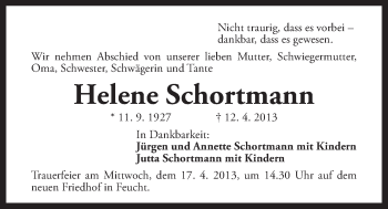 Traueranzeige von Helene Schortmann von Der Bote
