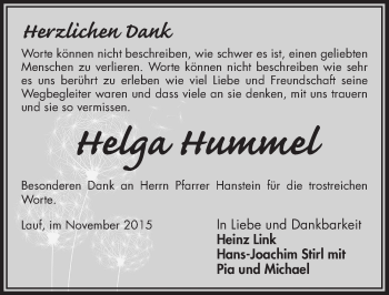 Traueranzeige von Helga Hummel von Pegnitz-Zeitung