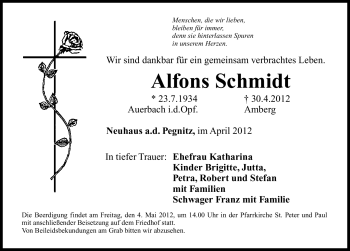 Traueranzeige von Alfons Schmidt von Hersbrucker Zeitung