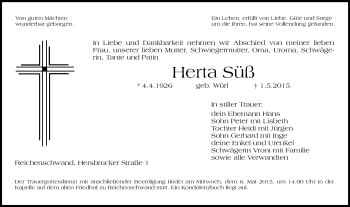 Traueranzeige von Herta Süß von Hersbrucker Zeitung