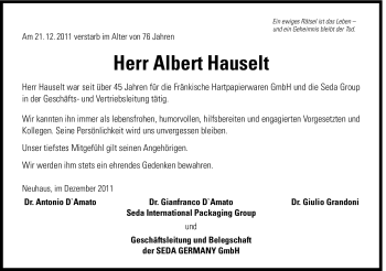 Traueranzeige von Albert Hauselt von Hersbrucker Zeitung
