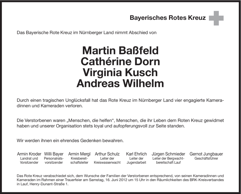  Traueranzeige für Martin,Cathérine,Virginia,Andreas Baßfeld,Dorn,Kusch,Wilhelm vom 14.06.2012 aus Hersbrucker Zeitung