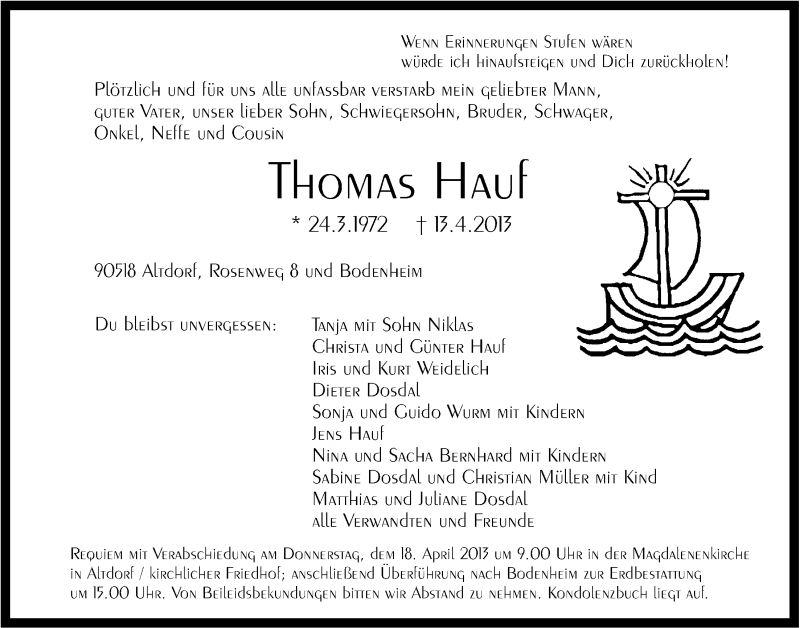  Traueranzeige für Thomas Hauf vom 17.04.2013 aus Der Bote