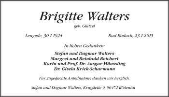 Traueranzeige von Brigitte Walters von Pegnitz-Zeitung