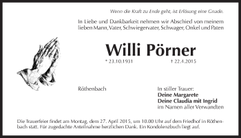 Traueranzeige von Willi Pörner von Pegnitz-Zeitung