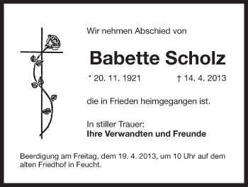 Traueranzeige von Babette Scholz von Der Bote