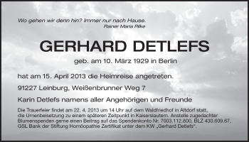 Traueranzeige von Gerhard Detlefs von Der Bote