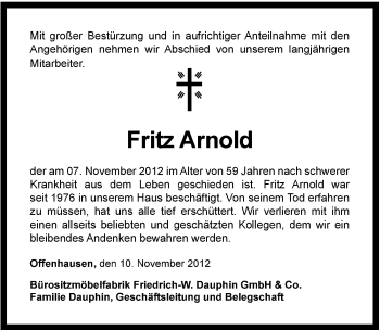 Traueranzeige von Fritz Arnold von Hersbrucker Zeitung