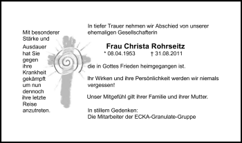 Traueranzeige von Christa Rohrseitz von Hersbrucker Zeitung