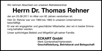 Traueranzeige von Thomas Rehner von Hersbrucker Zeitung