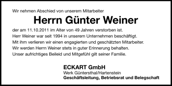 Traueranzeige von Günter Weiner von Hersbrucker Zeitung