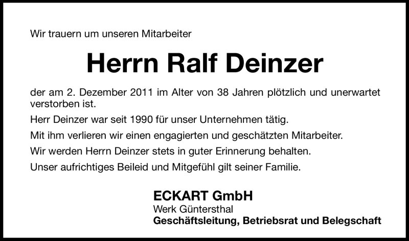  Traueranzeige für Ralf Deinzer vom 07.12.2011 aus Hersbrucker Zeitung
