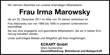 Traueranzeige von Irma Marowsky von Hersbrucker Zeitung