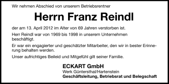 Traueranzeige von Franz Reindl von Hersbrucker Zeitung