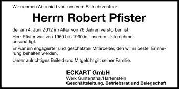 Traueranzeige von Robert Pfister von Hersbrucker Zeitung