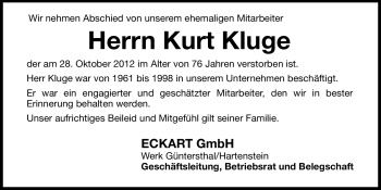 Traueranzeige von Kurt Kluge von Hersbrucker Zeitung