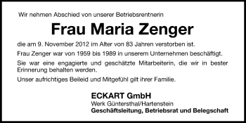 Traueranzeige von Maria Zenger von Hersbrucker Zeitung