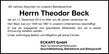 Traueranzeige von Theodor Beck von Hersbrucker Zeitung