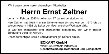 Traueranzeige von Ernst Zeltner von Hersbrucker Zeitung
