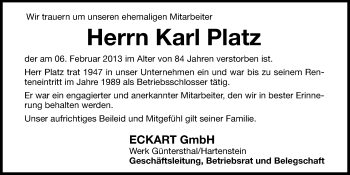 Traueranzeige von Karl Platz von Hersbrucker Zeitung