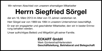 Traueranzeige von Siegfried Sörgel von Hersbrucker Zeitung