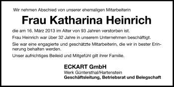 Traueranzeige von Katharina Heinrich von Hersbrucker Zeitung