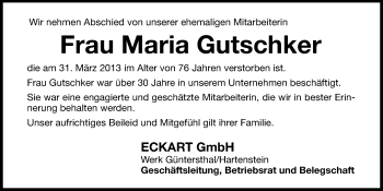 Traueranzeige von Maria Gutschker von Hersbrucker Zeitung