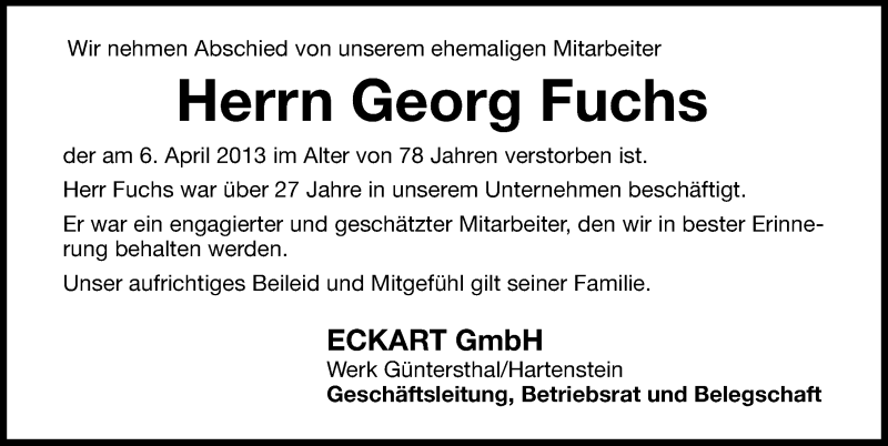  Traueranzeige für Georg Fuchs vom 09.04.2013 aus Hersbrucker Zeitung