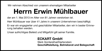 Traueranzeige von Erwin Mühlbauer von Hersbrucker Zeitung