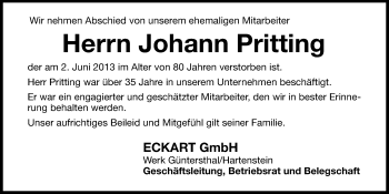 Traueranzeige von Johann Pritting von Hersbrucker Zeitung