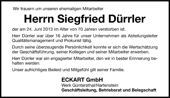 Traueranzeige von Siegfried Dürrler von Hersbrucker Zeitung