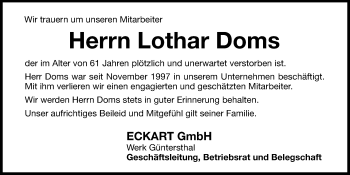 Traueranzeige von Lothar Doms von Hersbrucker Zeitung