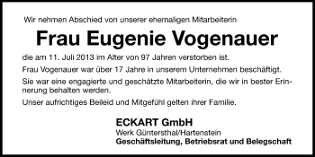 Traueranzeige von Eugenie Vogenauer von Hersbrucker Zeitung