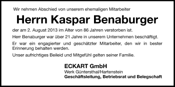 Traueranzeige von Kaspar Benaburger von Hersbrucker Zeitung