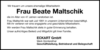Traueranzeige von Beate Maltschik von Hersbrucker Zeitung