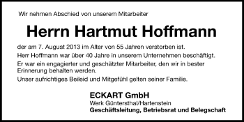 Traueranzeige von Hartmut Hoffmann von Hersbrucker Zeitung