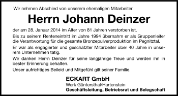Traueranzeige von Johann Deinzer von Hersbrucker Zeitung