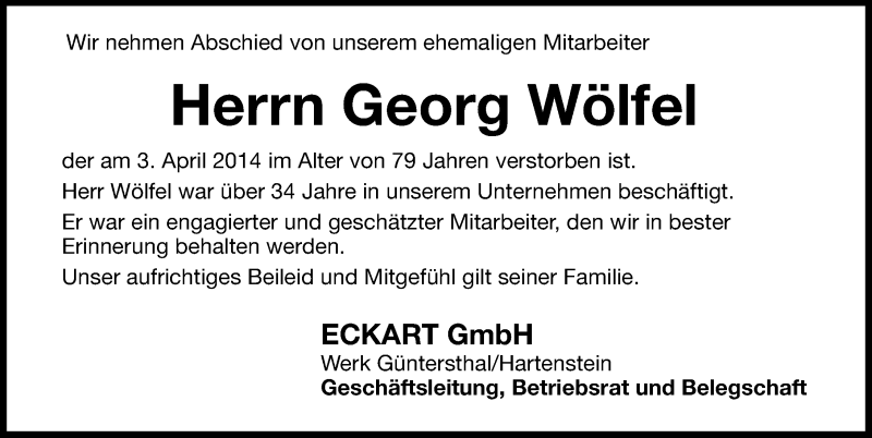  Traueranzeige für Georg Wölfel vom 09.04.2014 aus Hersbrucker Zeitung