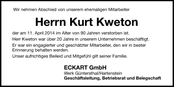 Traueranzeige von Kurt Kweton von Hersbrucker Zeitung