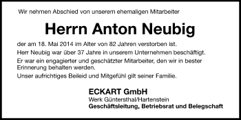 Traueranzeige von Anton Neubig von Hersbrucker Zeitung
