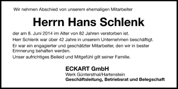 Traueranzeige von Hans Schlenk von Hersbrucker Zeitung