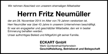 Traueranzeige von Fritz Neumüller von Hersbrucker Zeitung