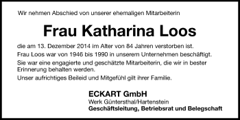 Traueranzeige von Katharina Loos von Hersbrucker Zeitung